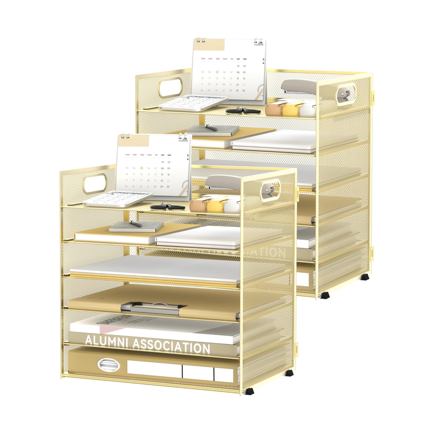 Daltack 6-Tier Paper Organizer for Desk with Handle, Gold, 2 Pack