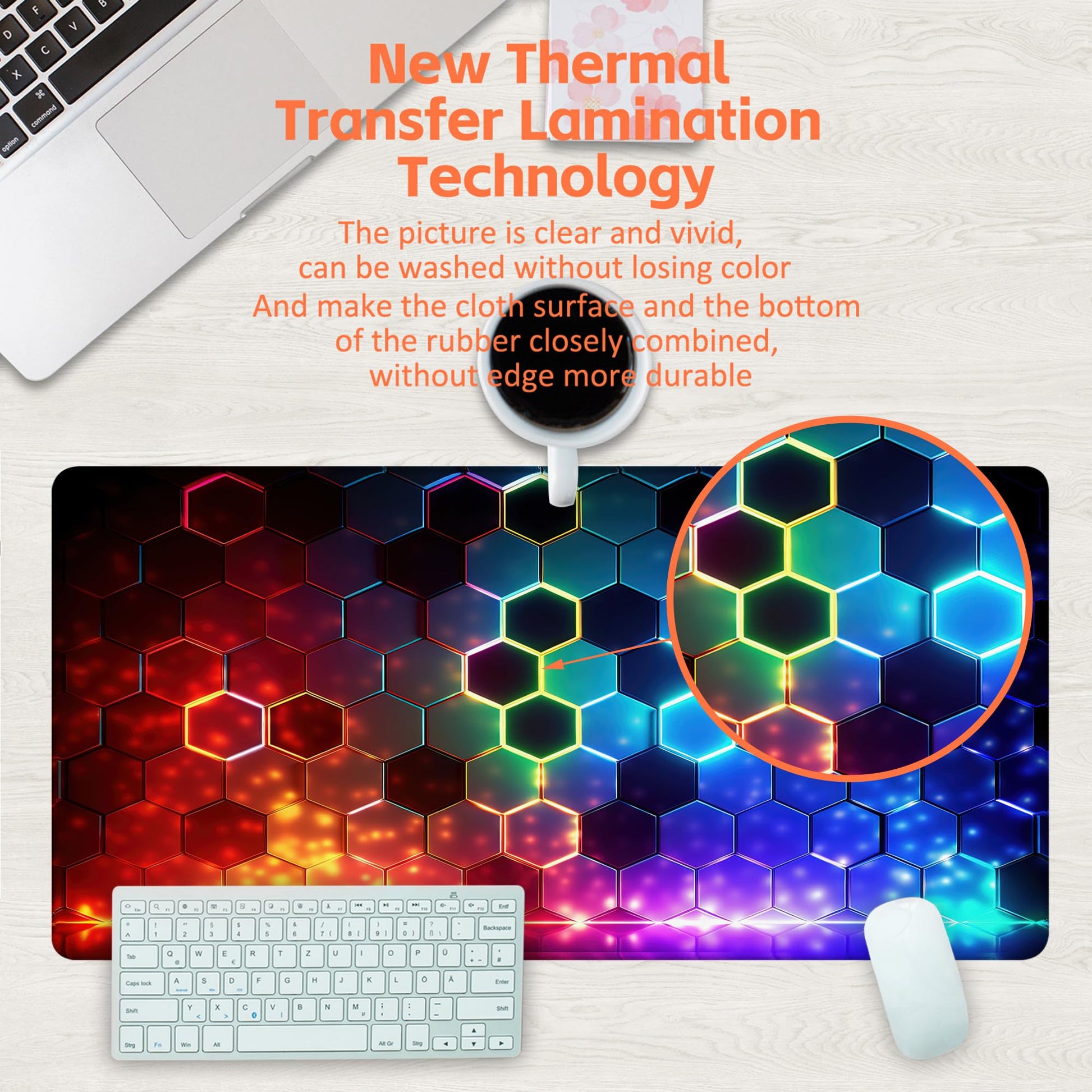 KOAIWPAE Desk Mat, Colorful Honeycomb Technology Desk Pad,Hexagonal Honeycomb Large Gaming Mouse