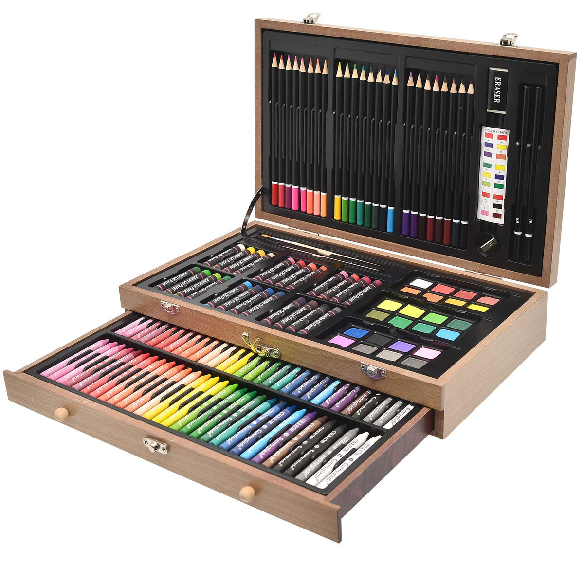 Sunnyglade 145 Piece Deluxe Art Set Wooden Art Box & Drawing Kit Tan