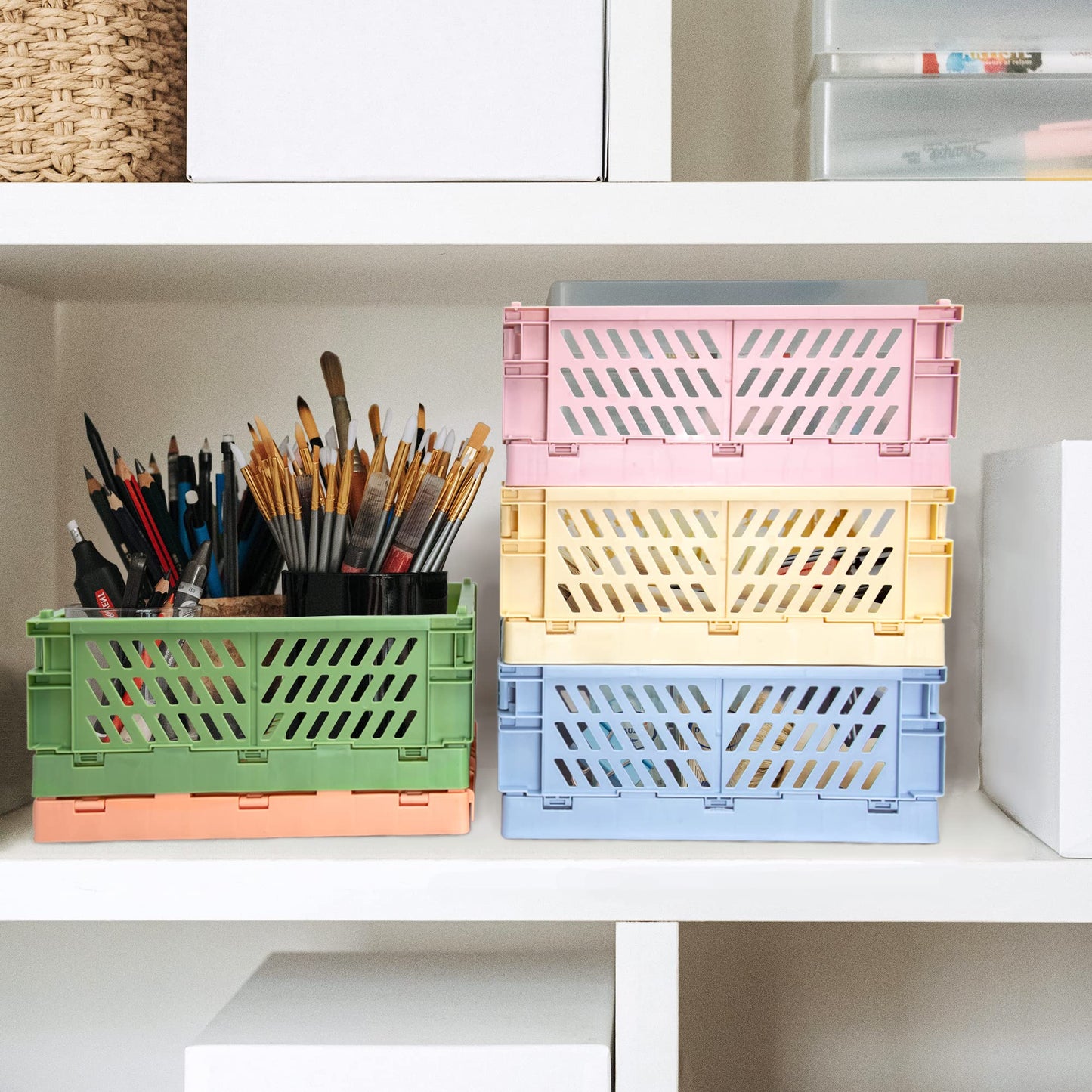 Xuanmuque 5-Pack Collapsible Plastic Storage Baskets for Organizing with Handle, Crate Bin for Desk