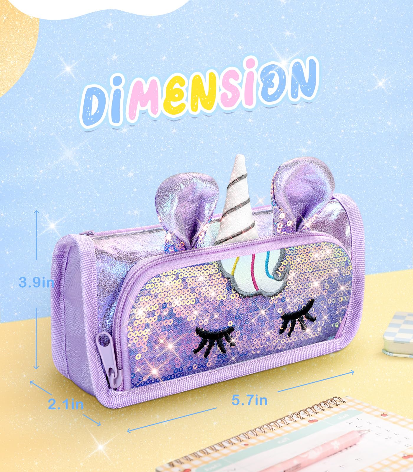 LISEVO Cute Pencil Case, 3D Pencil Pouch for Girls Kids, Sparkly Pencil Bag with Sequins for
