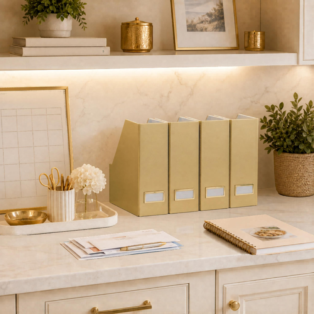BLU MONACO | Gold Cardboard Magazine File Holder Set of 4 | Vertical Magazine File Holder for