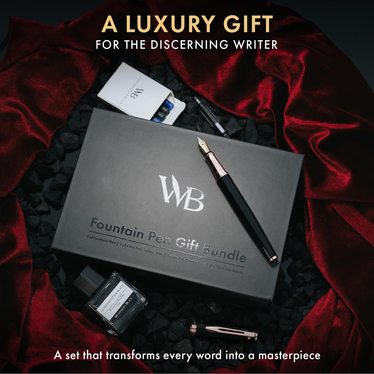 Wordsworth & Black Fountain Pen Gift Set, Medium & Extra Fine Nib, Black Rose