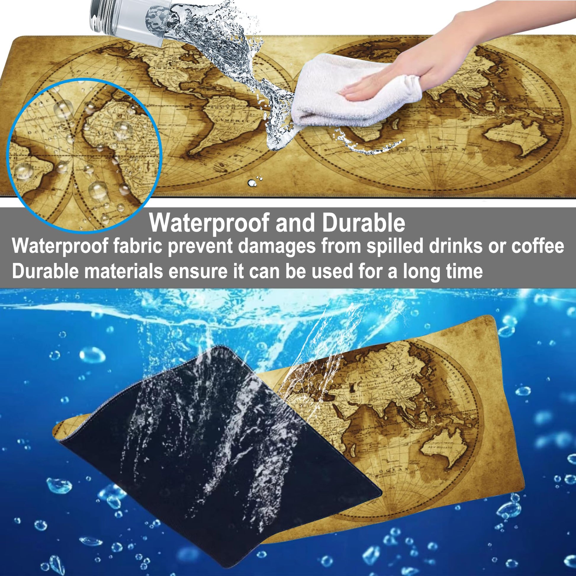 Mouse Pad, Large Antique World Map Desk Mat, Extended Non-Slip Gaming Keyboard Mousepad Desk Pad