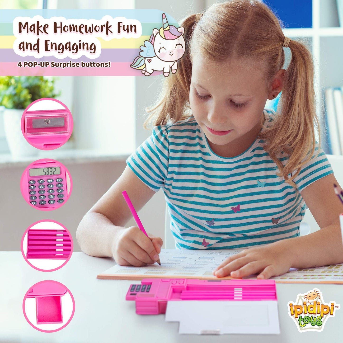 IPIDIPI TOYS Unicorn Pop Up Pencil Case for Girls – Multifunctional Stationery Box with Calculator