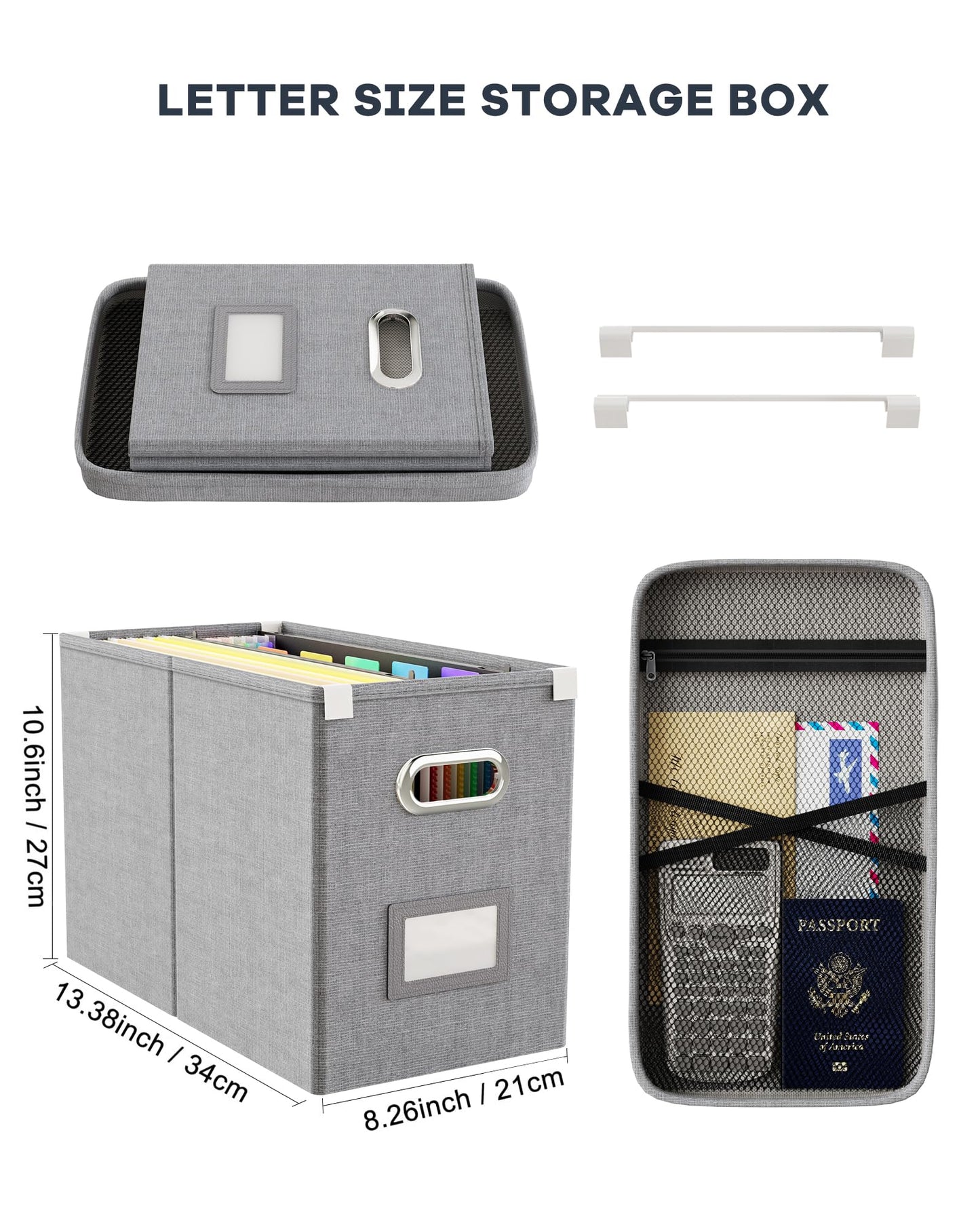 Oterri File Organizer Box with Lid, Hanging Filing File Box with Mesh Pocket, Document Organizer