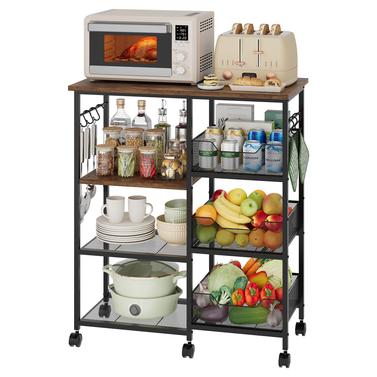 HapiRm Rolling Kitchen Carts with Storage - Microwave Table Stand with 6 Hooks & 3 Baskets, kitchen