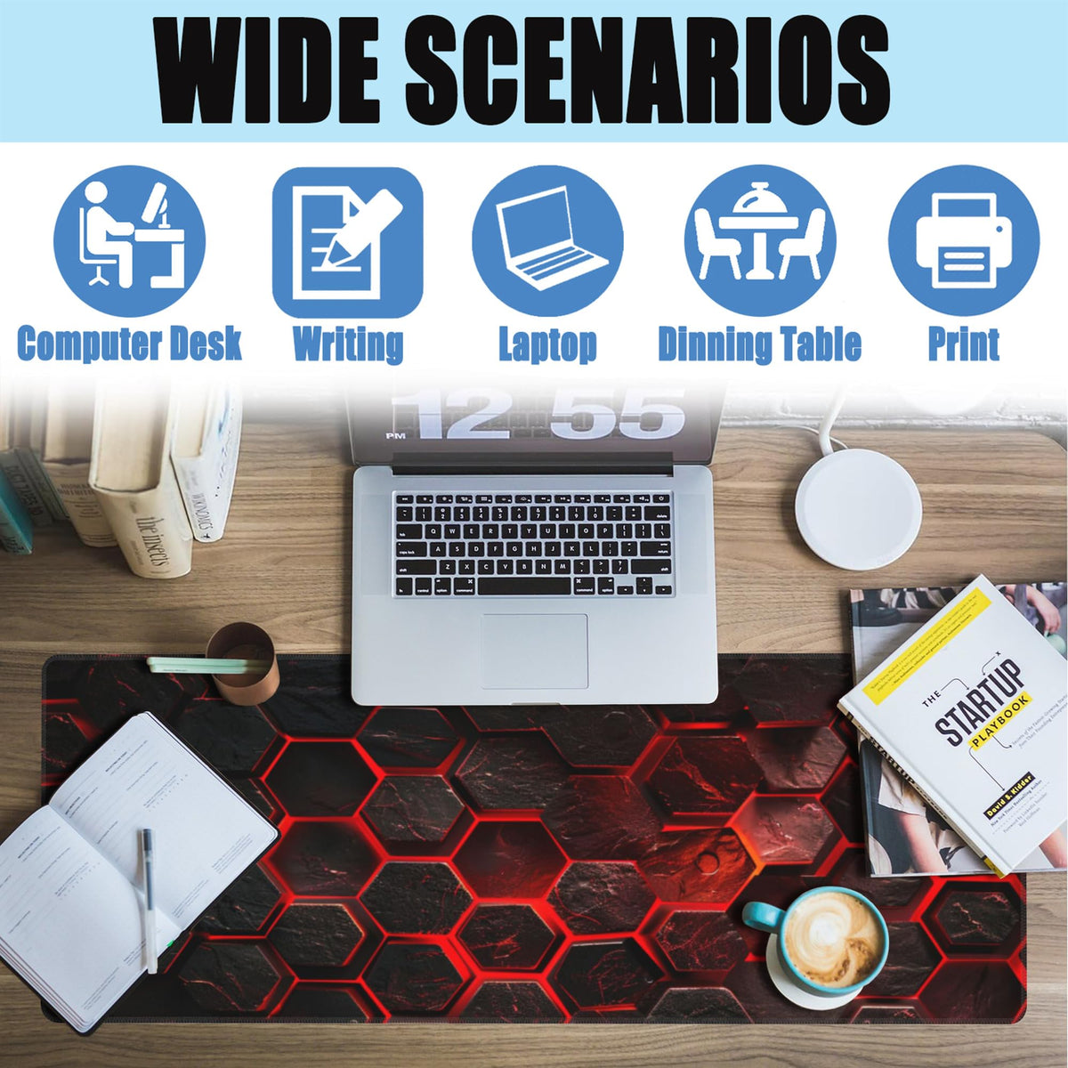 Large Gaming Mouse Pad for Desk,Red Honeycomb Science Technology Desk Mat,Honeycomb Hexagon Desk