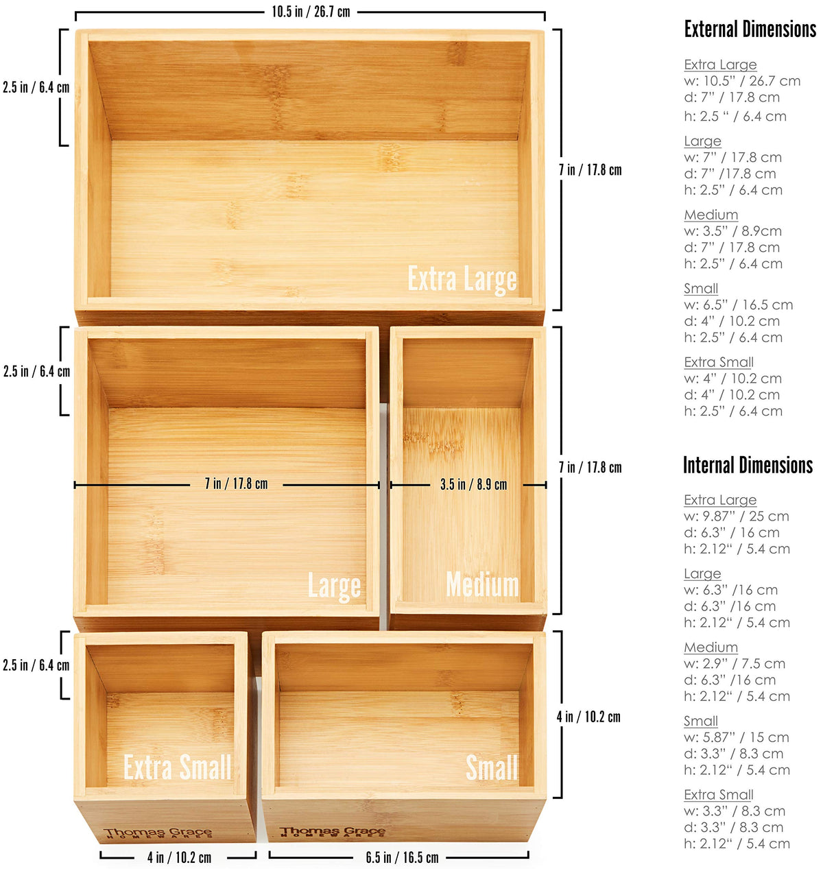 Bamboo Drawer Organizer and Storage Set, Multi-use Set of 5 Storage Trays, Wood Boxes of various