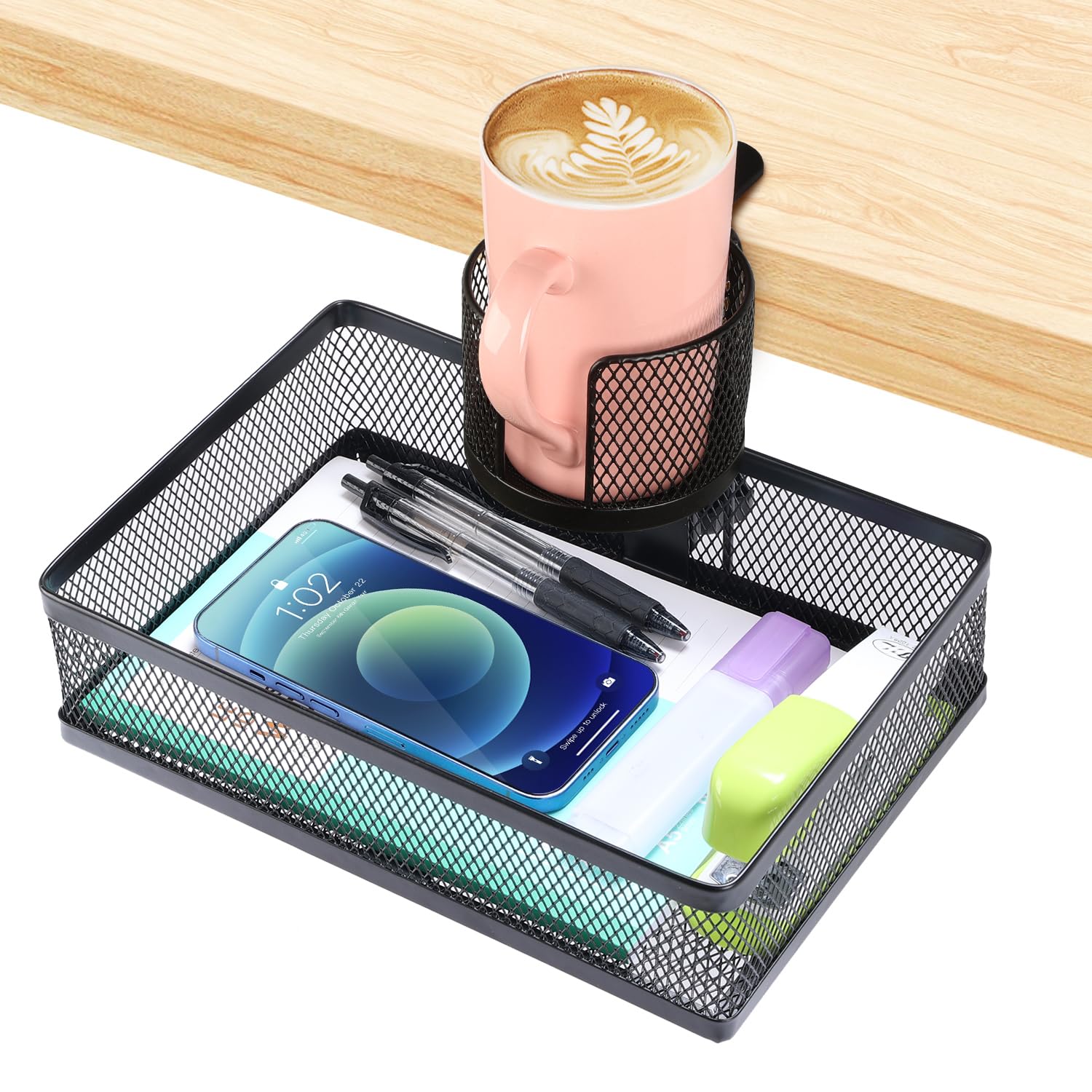 ROSYLINE Rotary Under Desk Storage Organizer with Cup Holder & Drawer Tray