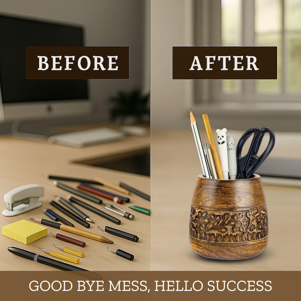 Mie Creations Rustic Pencil Holder, Wooden Pen Stand, Table Desk Organizer
