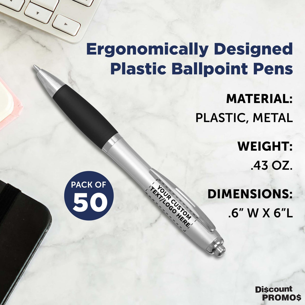 Personalized Ballpoint Pens with Rubber Grip and Click Button, Pack of 50 by DISCOUNT PROMOS