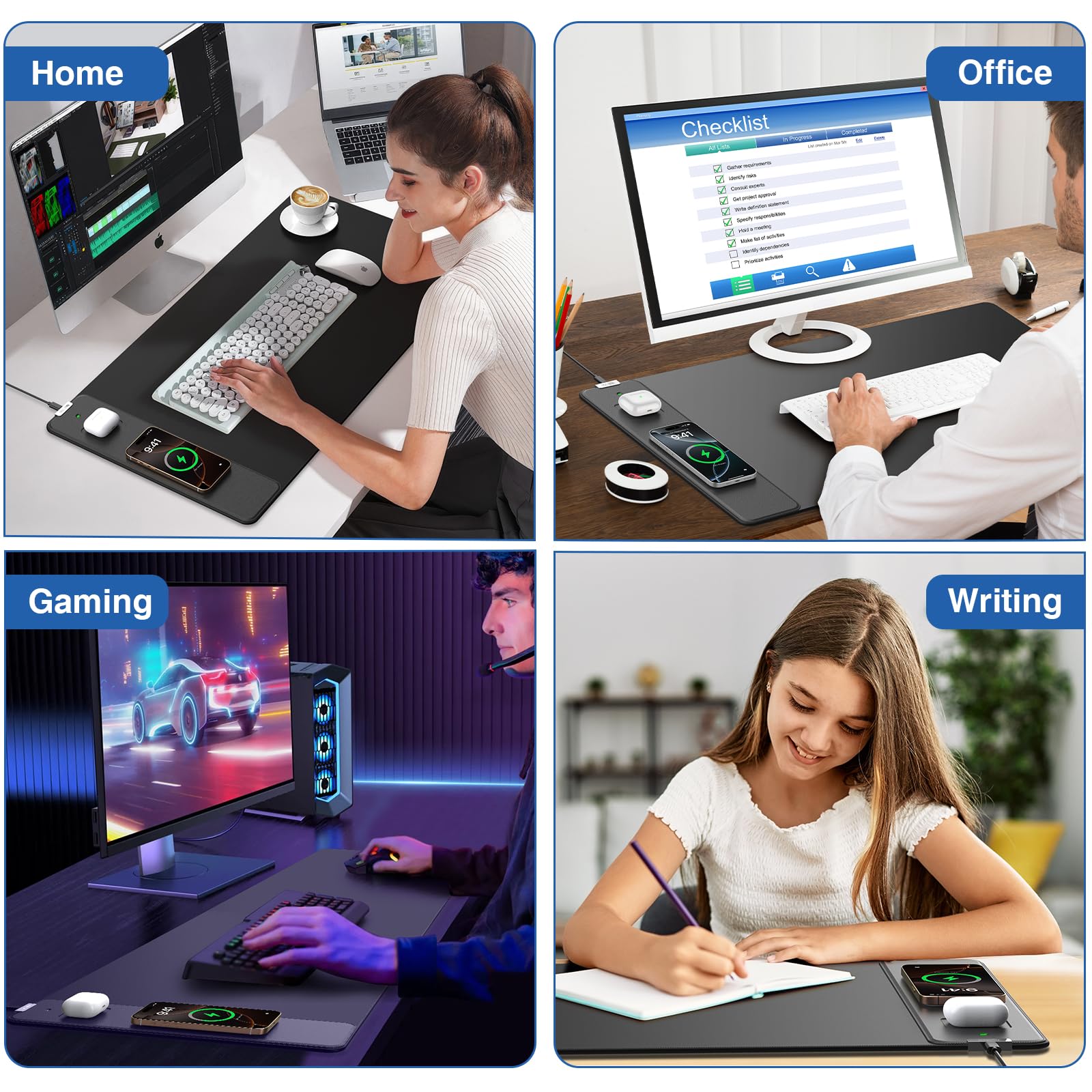 Magnetic Wireless Charging Mouse Pad, 31.5"x15.8" in, Black