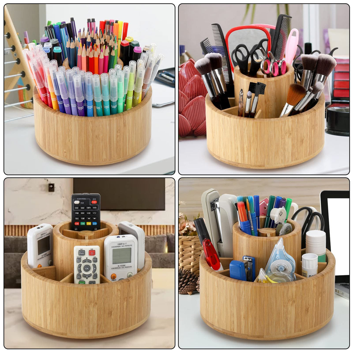 SOUJOY Bamboo Pen Holder Organizer, 360°Rotating Art Supply Organizer with 11 Compartments, Color
