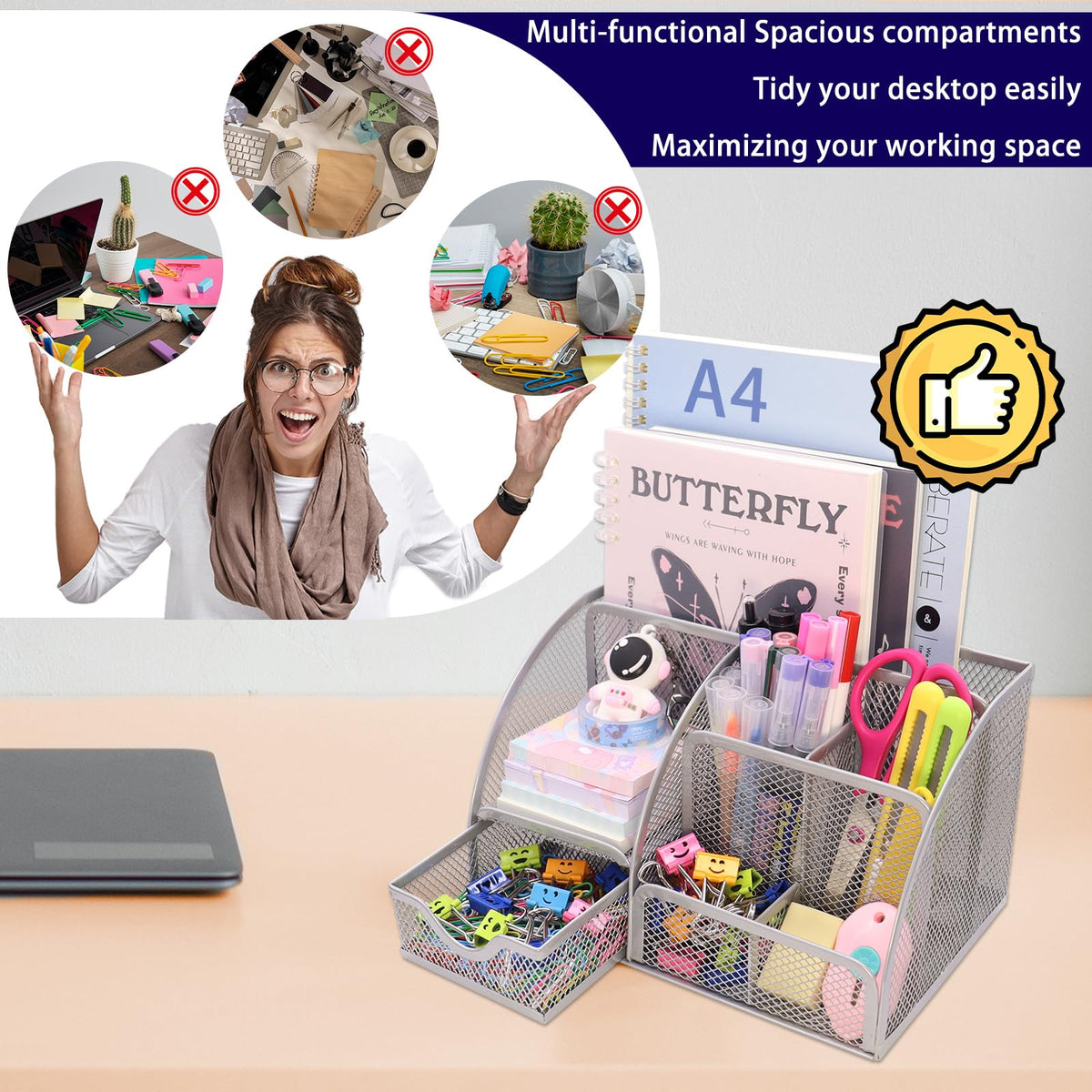 Boutilon Mesh Desk Organizer Desktop Office Supplies Stationary Organizer with 6 Compartments and 1