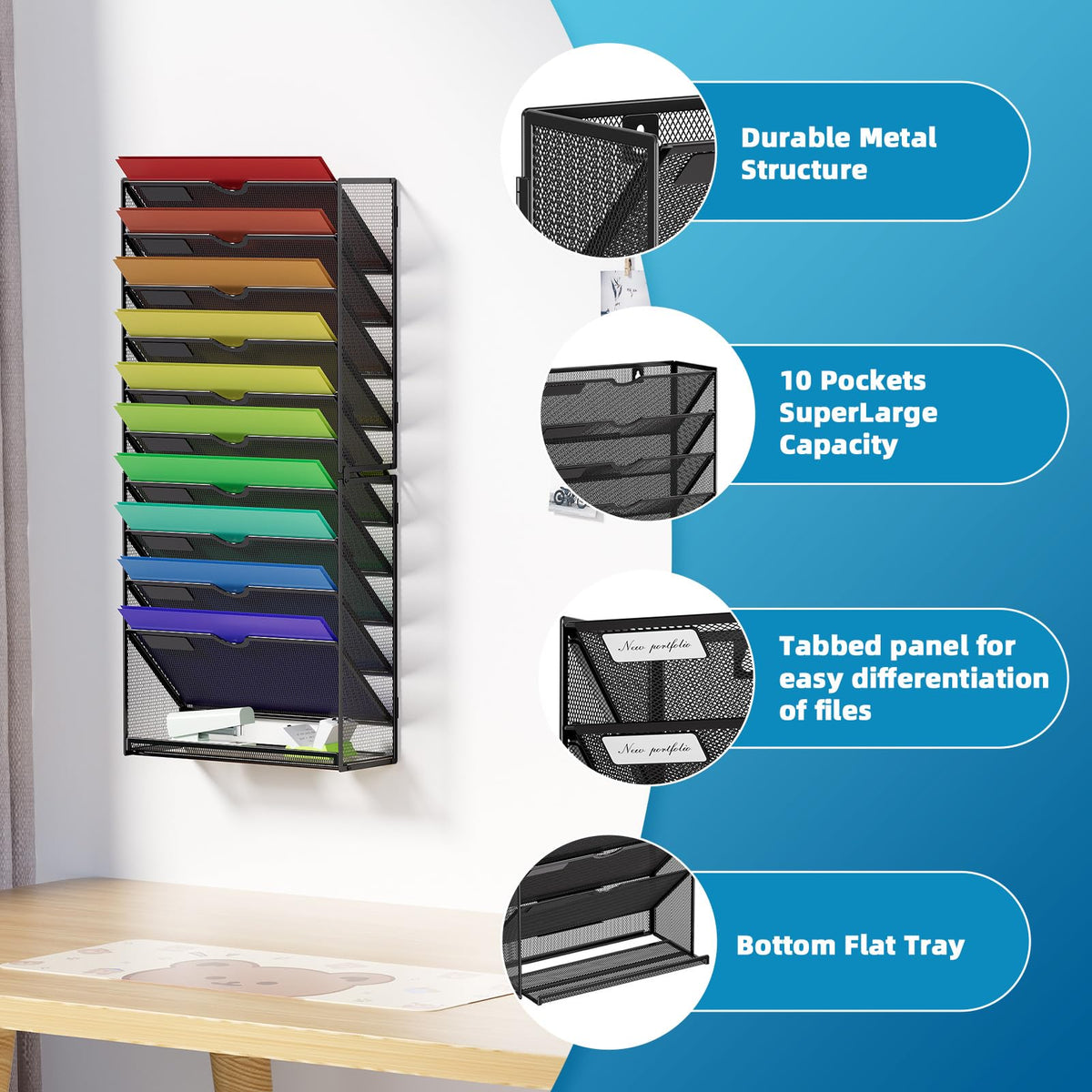 Marbrasse Wall File Holder 11-Tier Hanging Wall File Organizer, for Papers, Files Clipboard &