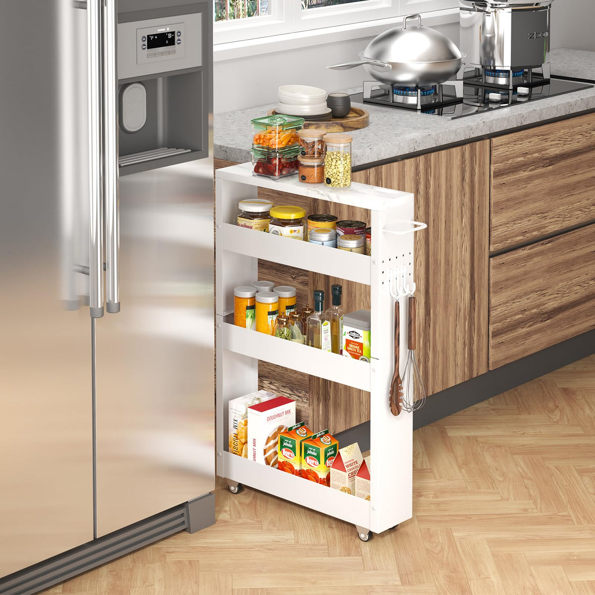 CHLORYARD Slim Storage Cart, 4-Tier Kitchen Rolling Cart Narrow Storage Cabinet with Handle &