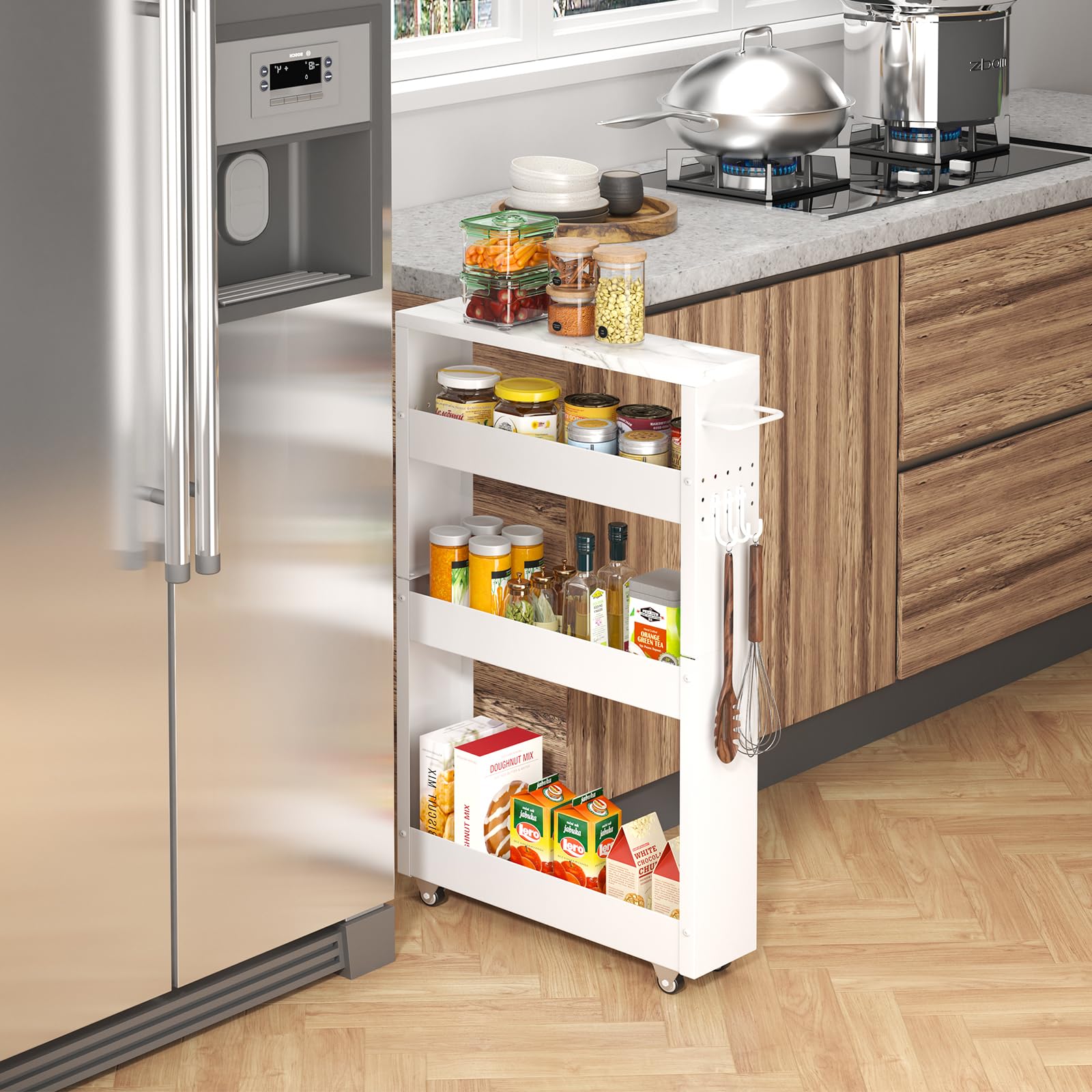 CHLORYARD Slim Storage Cart, 4-Tier Kitchen Rolling Cart Narrow Storage Cabinet with Handle &