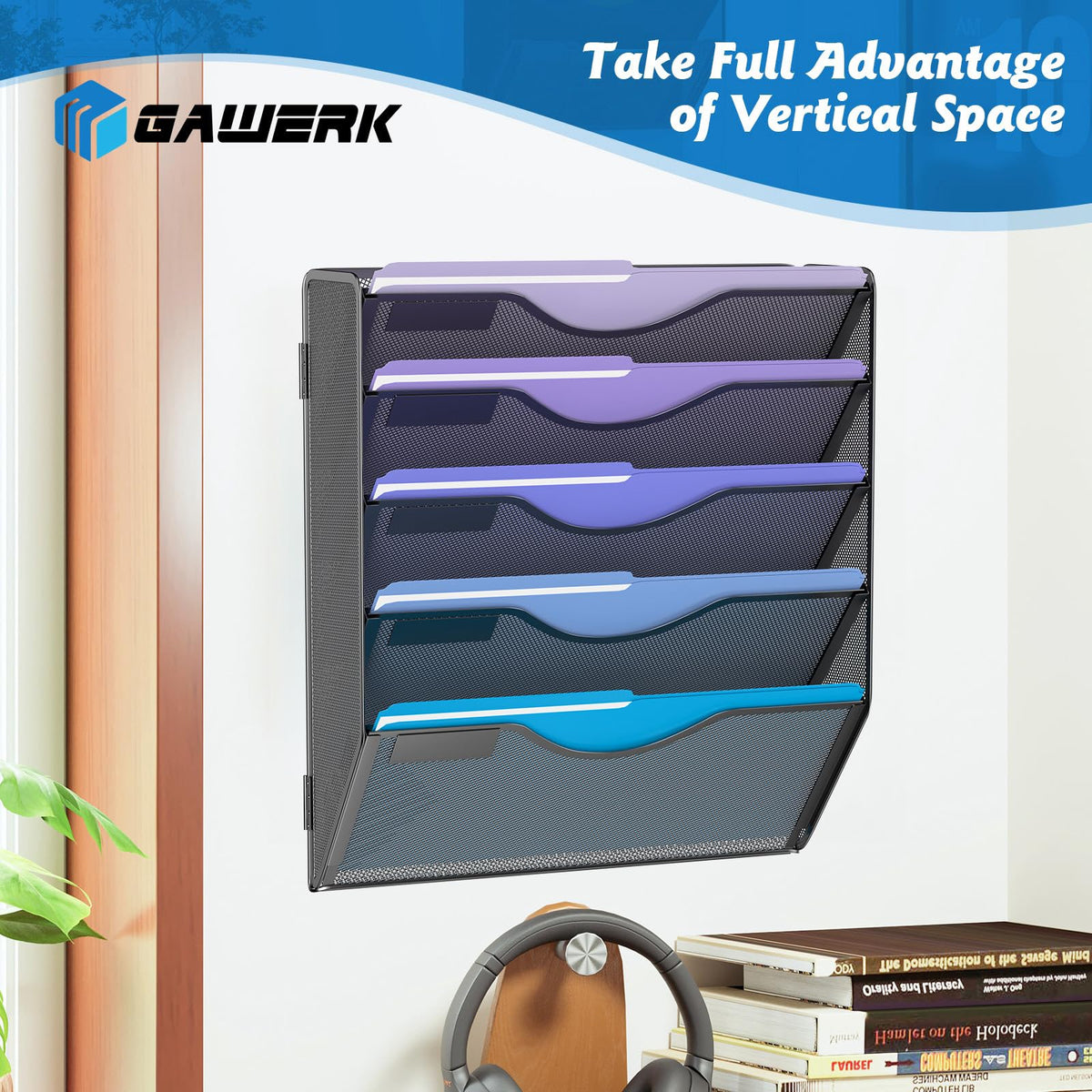Gawerk 5 Tier Hanging Wall File Organizer, Mesh Mail Paper Orgnization Hanging File Folder Holder