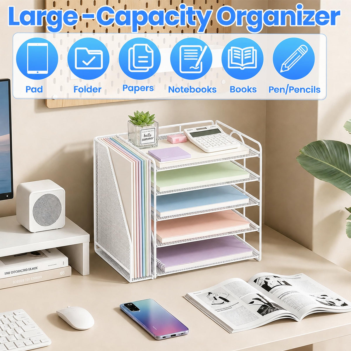 OPNICE Desk Organizer, 5-Tier Paper Organizer Letter Tray, White