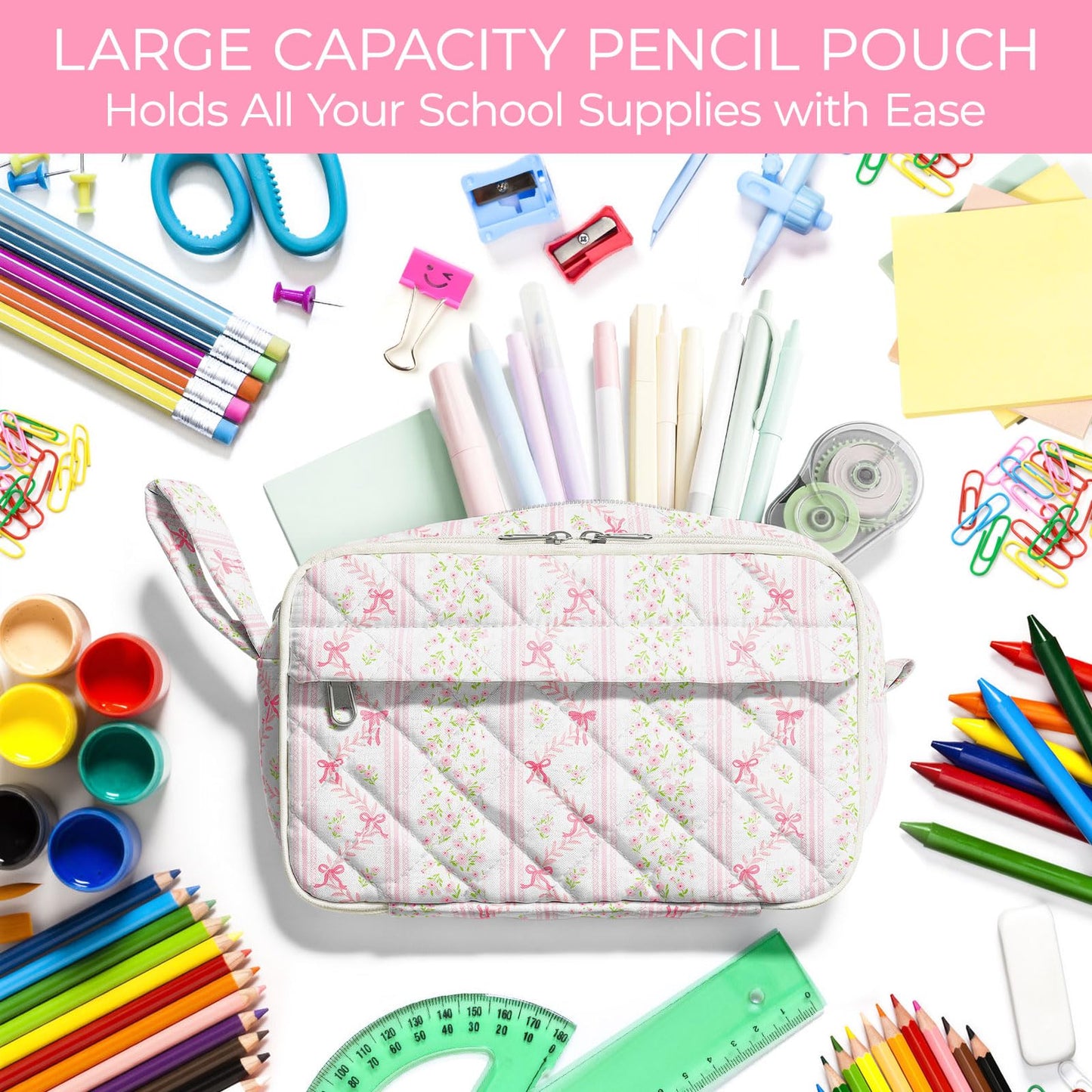 WOBAGMEN Quilted Pencil Pouch for Girls Women, Large Pencil Case Pouch with Compartments Cute