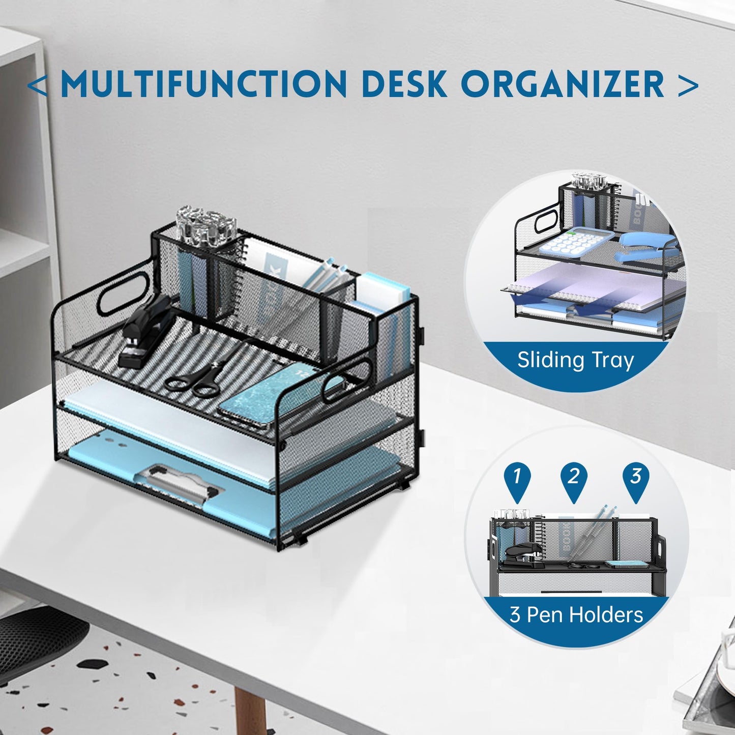 3 Tier Desk Organizer with Pen Holder Mesh Paper Trays with Handle Black