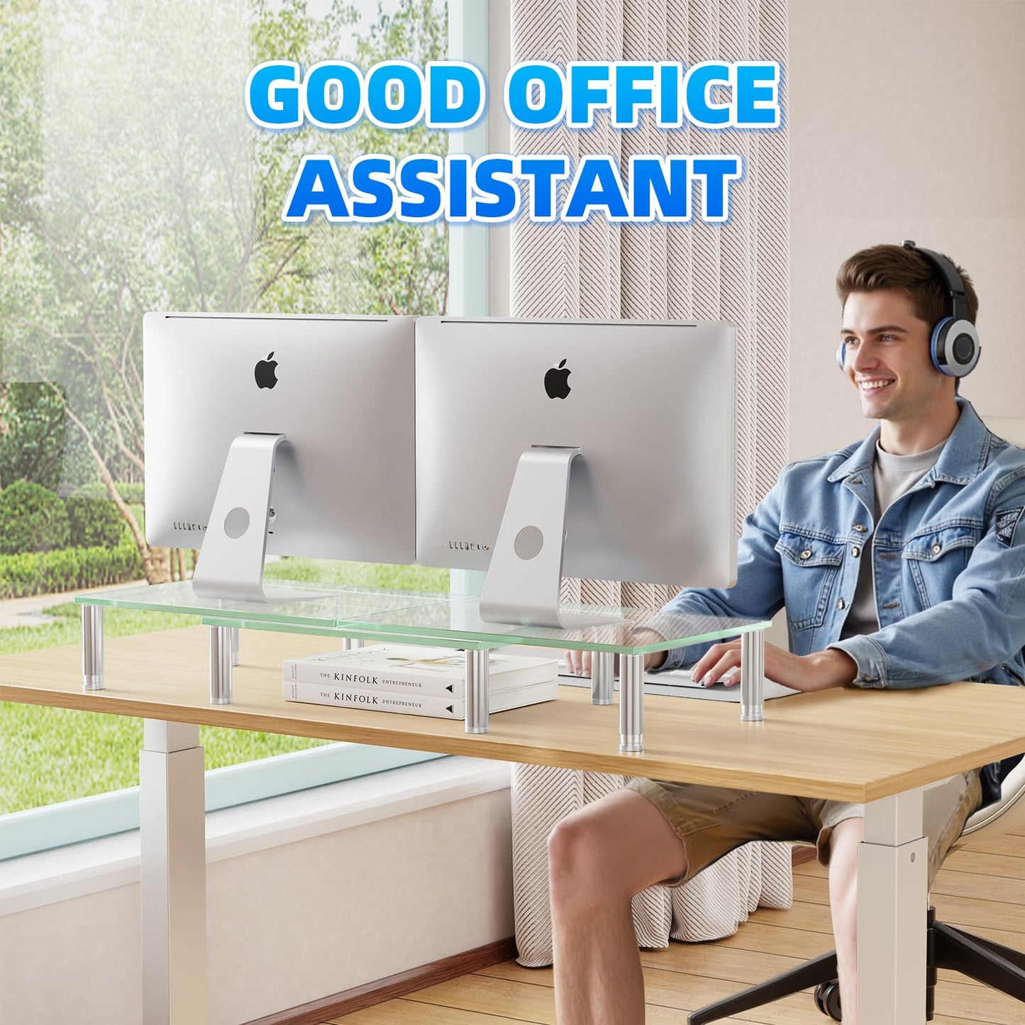 Simple Trending Glass Dual Monitor Stand, Adjustable Length/Height, Clear