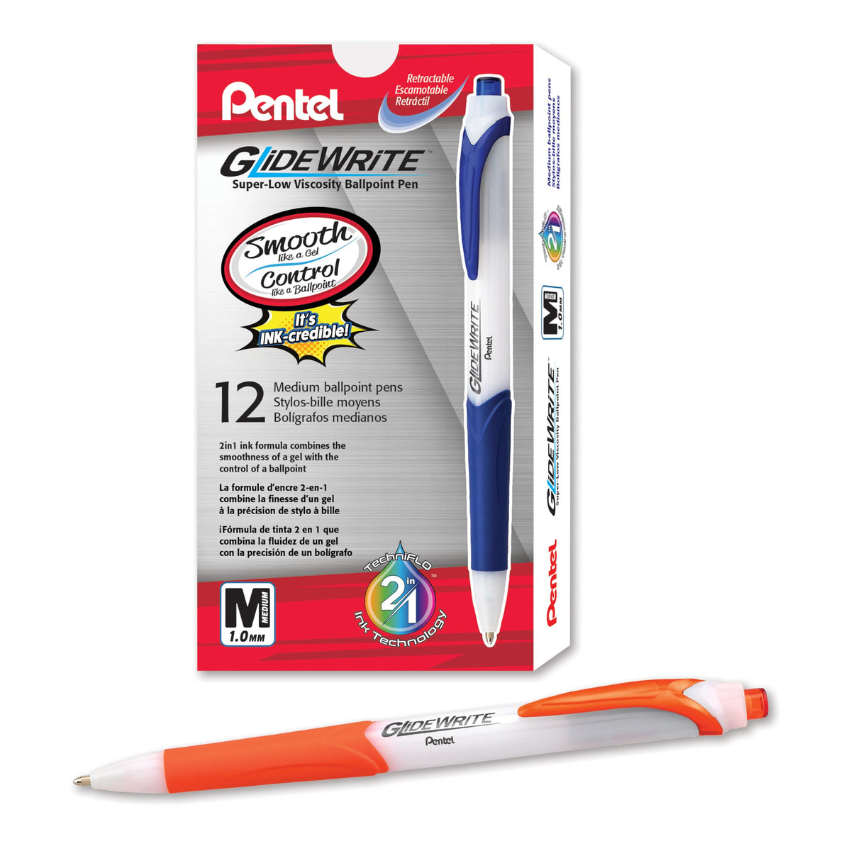Pentel GlideWrite Ballpoint Pen with TechniFlo Ink, (1.0mm) Medium Line, Orange Ink, Box of 12