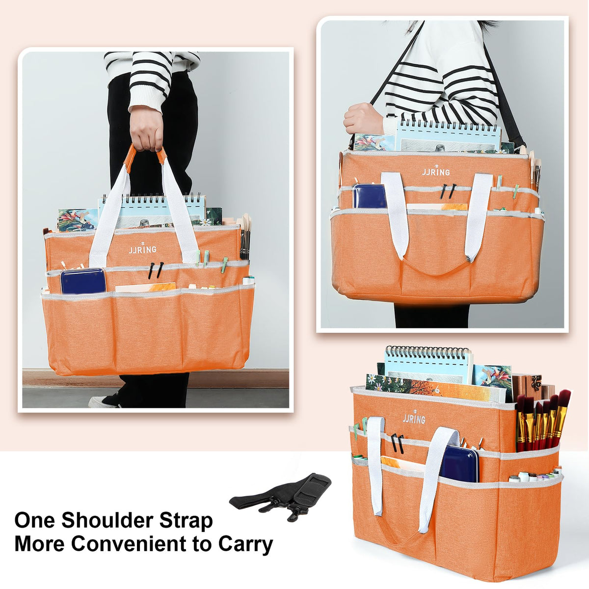 JJRING Craft Organizer Tote Bag Large Art Storage Caddy Orange