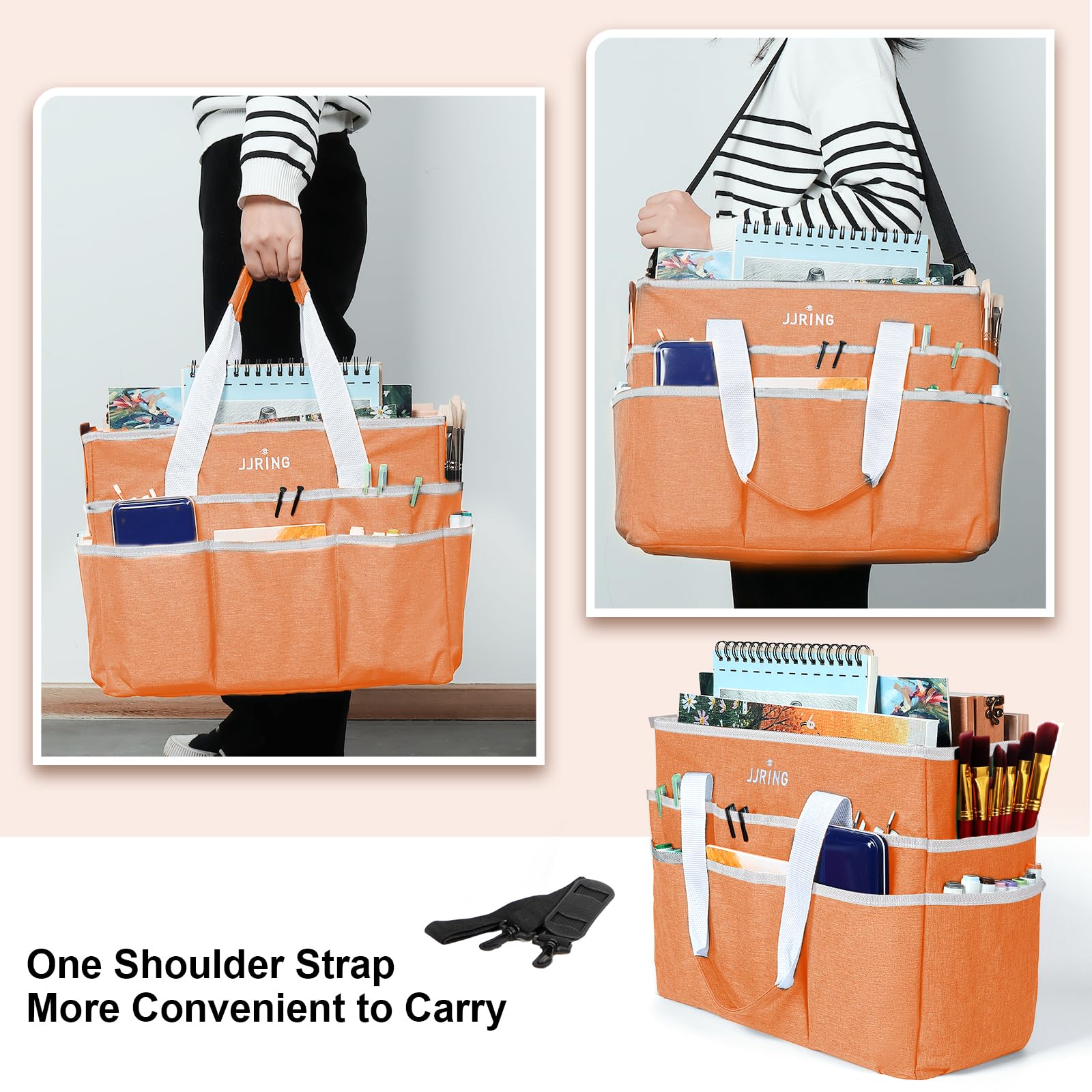 JJRING Craft Organizer Tote Bag Large Art Storage Caddy Orange