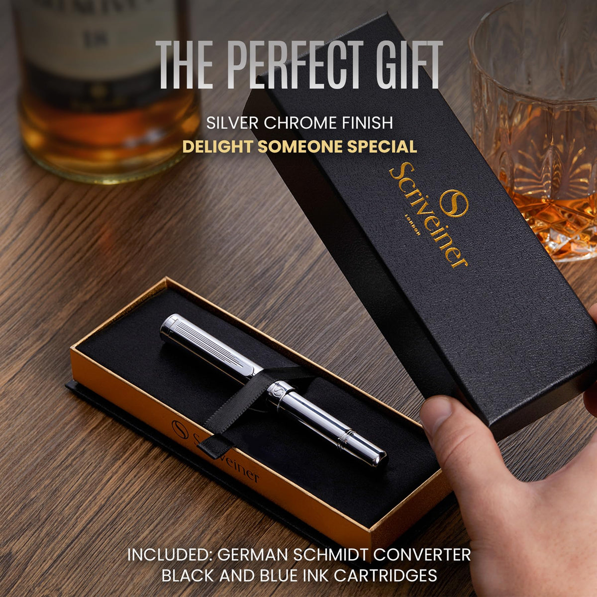 Scriveiner Silver Chrome Fountain Pen (Medium), Award Winning Luxury Pen, Heavy Pocket Pen, Chrome