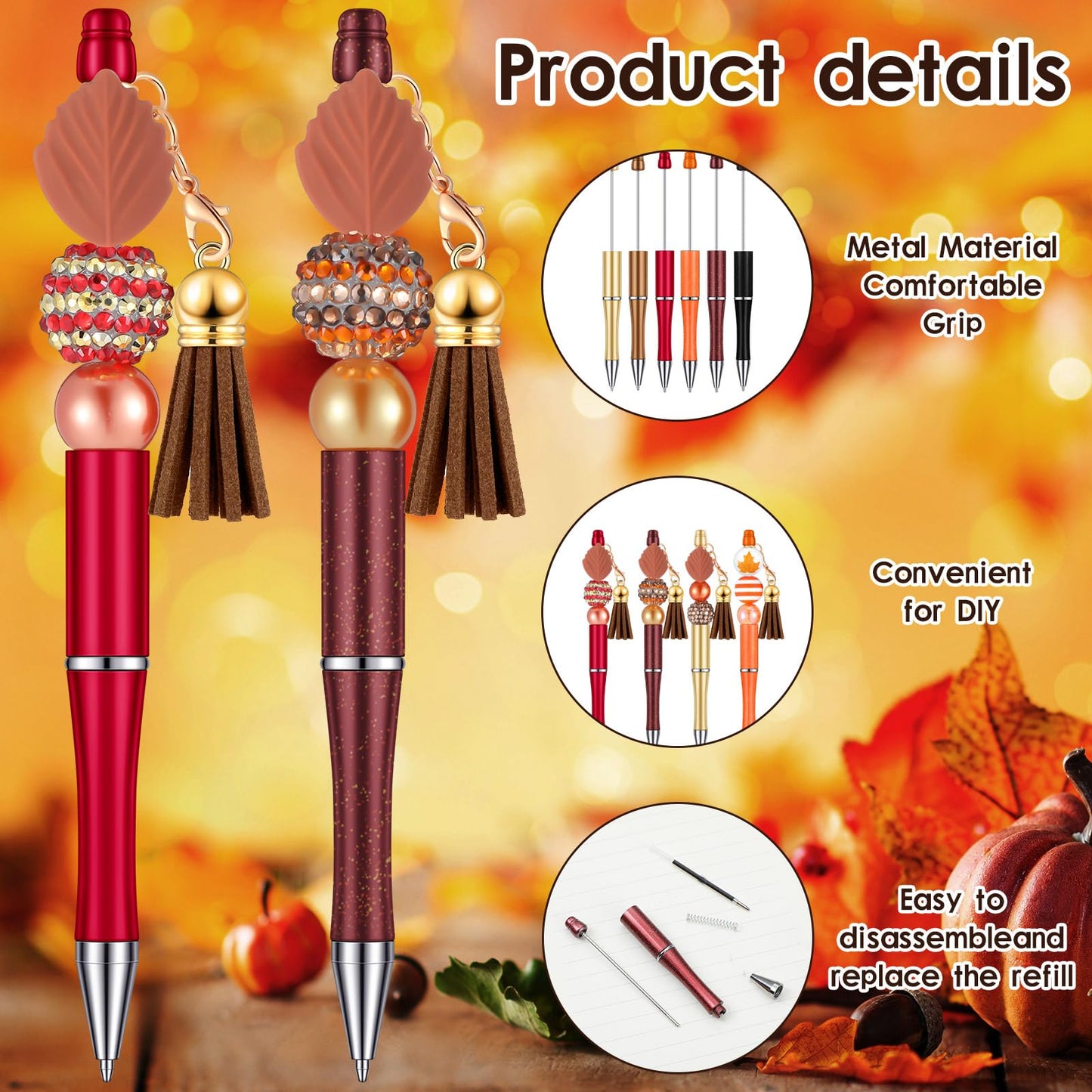 Teling 12 Sets Autumn Beadable Pens Fall Ballpoint Beaded Pen Craft