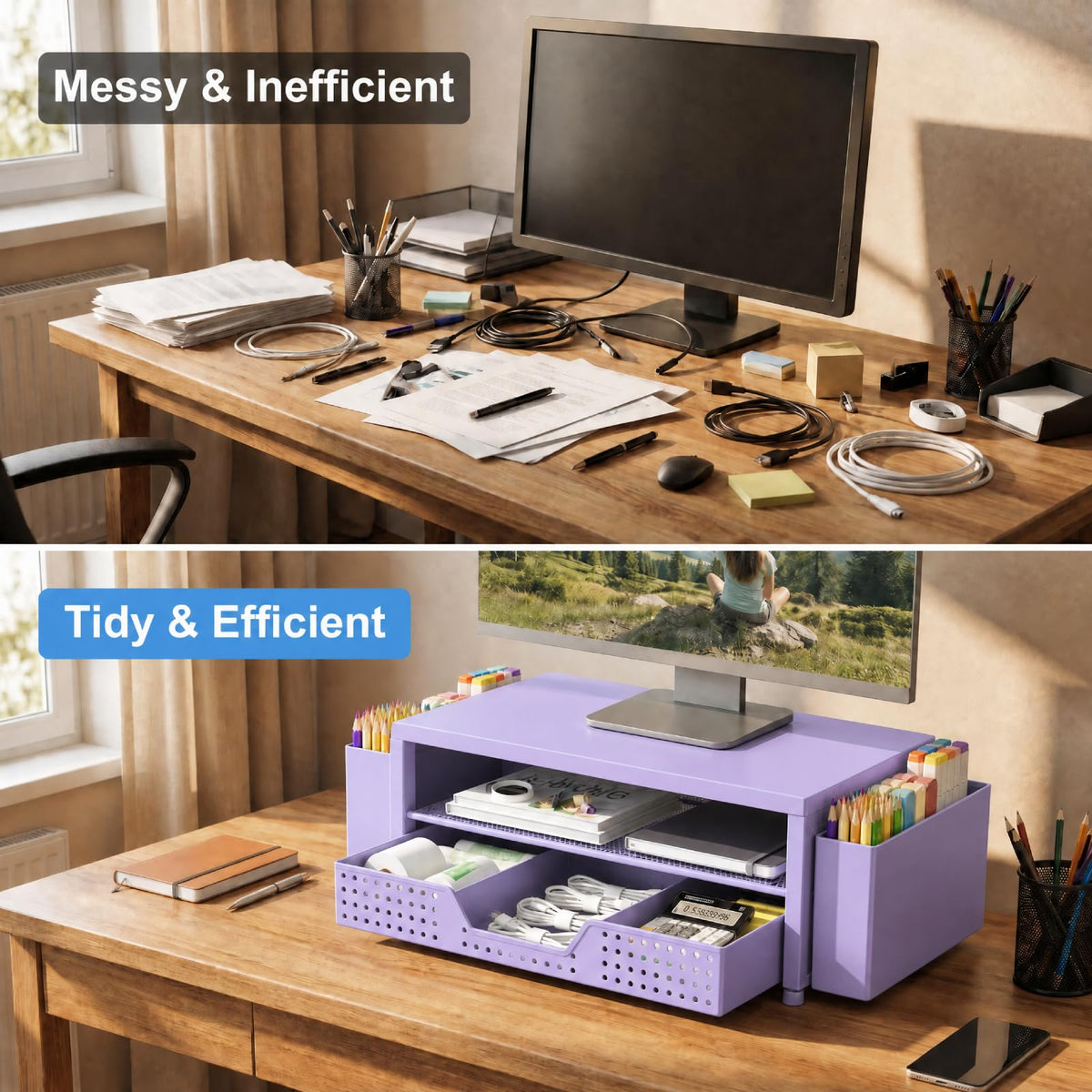 ECOLOVI Desk Organizer and Accessories, 2-Tier Computer Monitor Stand Rise with Storage Drawer & 2