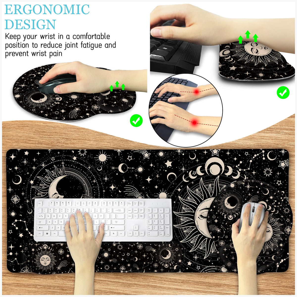 LIMKRIAN Sun Moon Mouse Pad Set Large Desk Mat Pad, Boho Desk Accessories