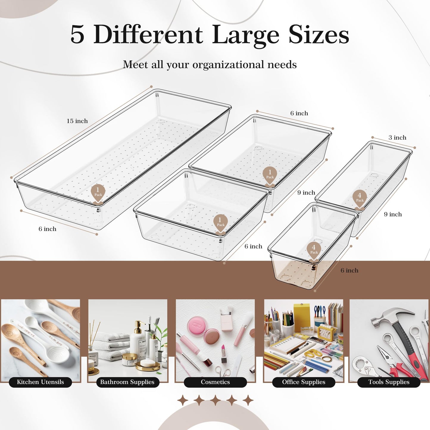 Criusia 11 PCS Clear Plastic Drawer Organizer Set - 5 Large Size Versatile Kitchen and Bathroom