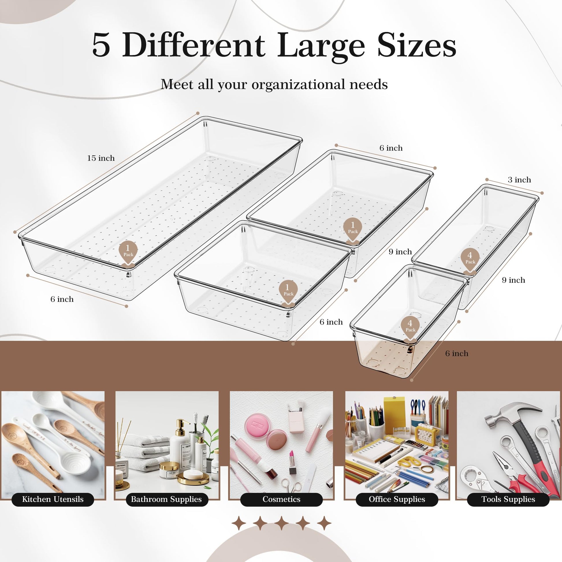 Criusia 11 PCS Clear Plastic Drawer Organizer Set - 5 Large Size Versatile Kitchen and Bathroom