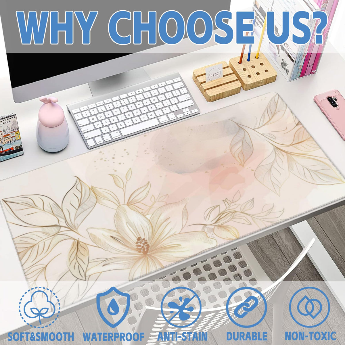 Desk Mat,Minimalist Flowers and Leaves Large Gaming Mouse Pad for Desk XXL,Golden Line Floral Desk