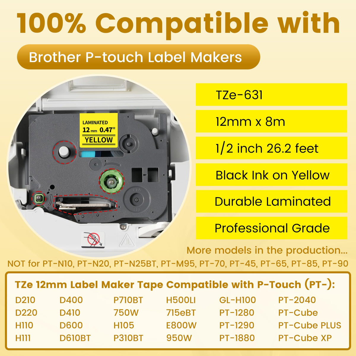 6X Replace for Brother Label Maker Tape 12mm 0.47 Yellow Laminated TZe-631