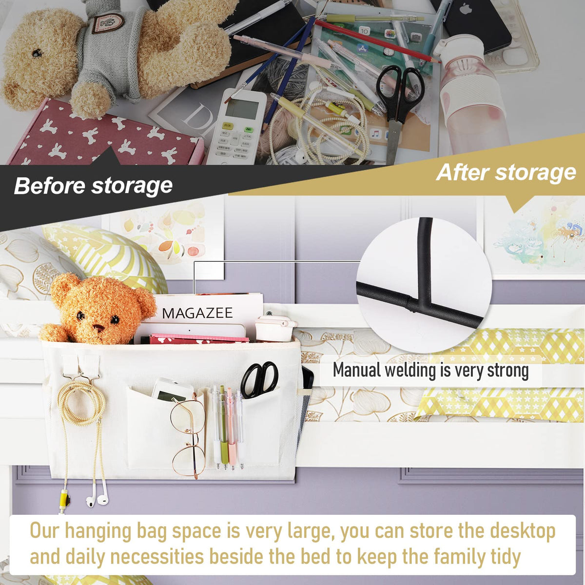 Frjjthchy Bedside Caddy Organizer Hanging Storage Bag Bunk Bed 2Pack White