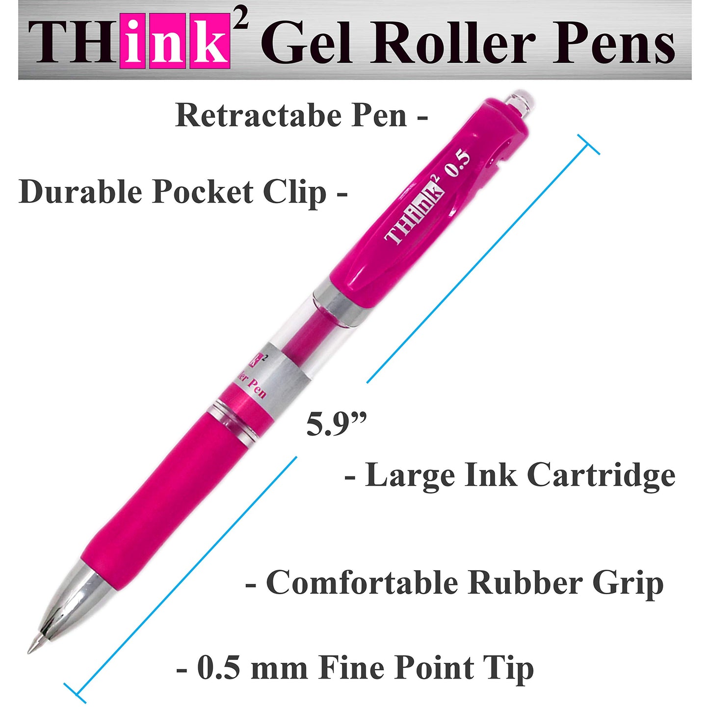 [24 Pens - Pink Ink] Think2 Retractable Gel Pens. (24 Pink) Fine Point (0.5mm) Rollerball Pens with