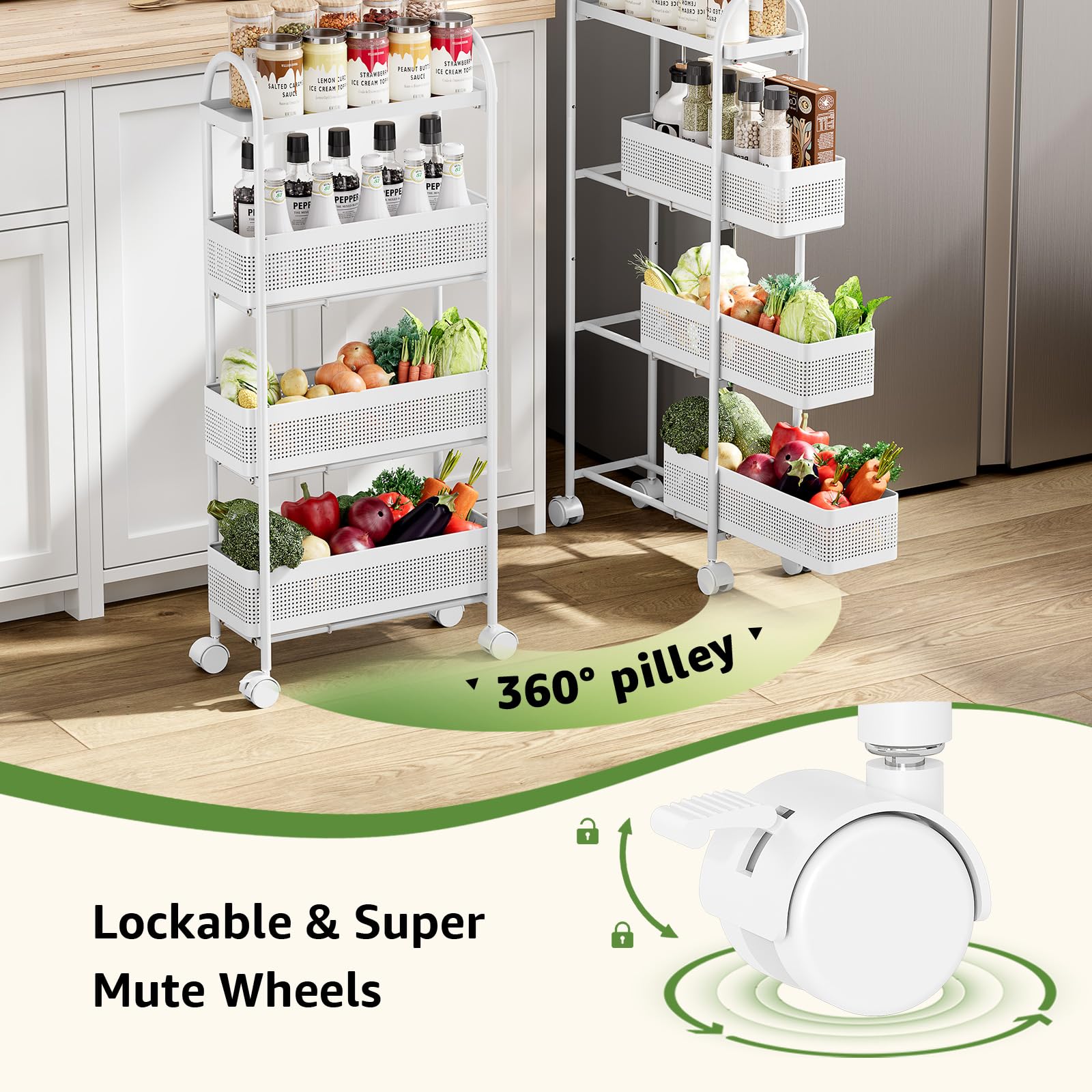 KINGRACK 4 Tier Slim Rolling Cart with Drawer, Metal Utility Storage Cart