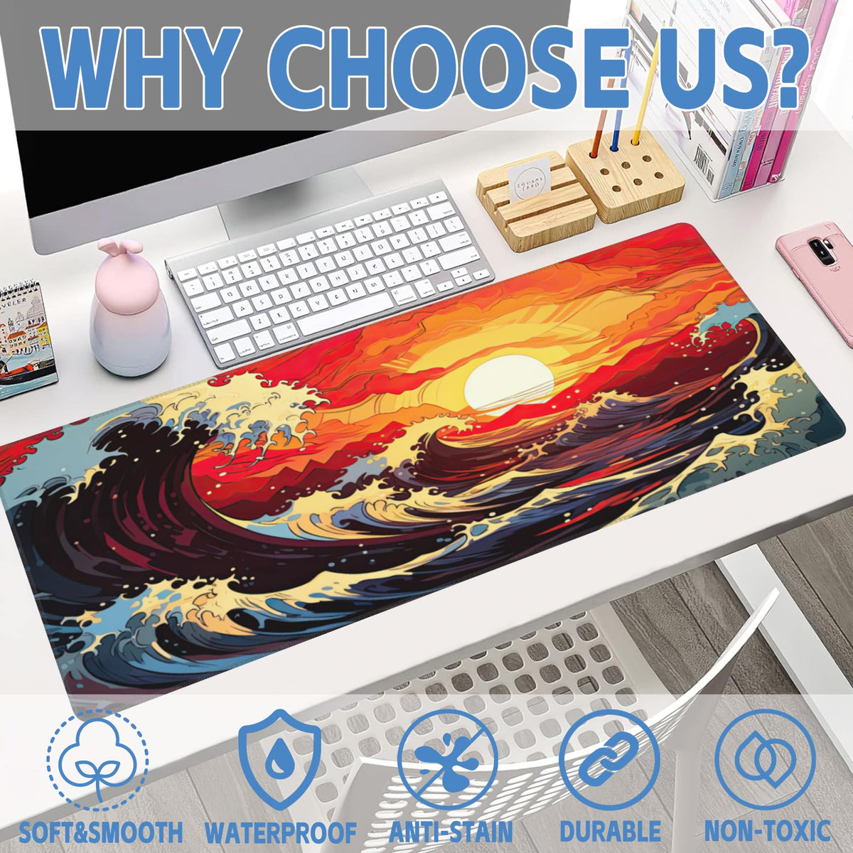 Large Gaming Mouse Pad for Desk,Ocean Waves at Sunset Desk Mat for Desktop,Rough Ocean Waves Desk