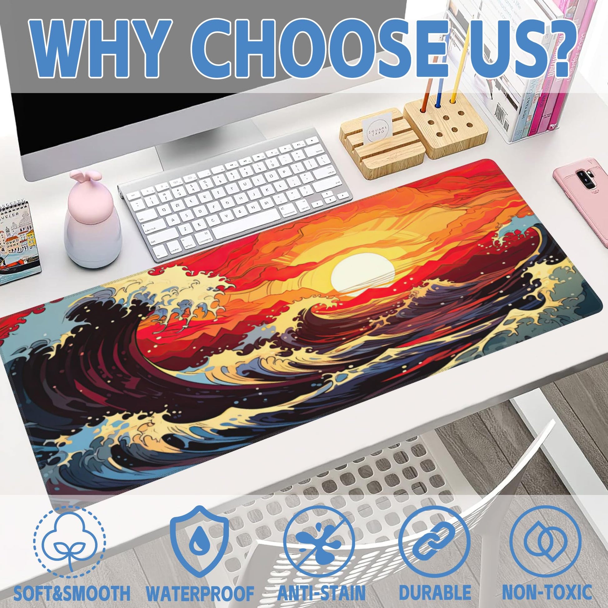 Large Gaming Mouse Pad for Desk,Ocean Waves at Sunset Desk Mat for Desktop,Rough Ocean Waves Desk