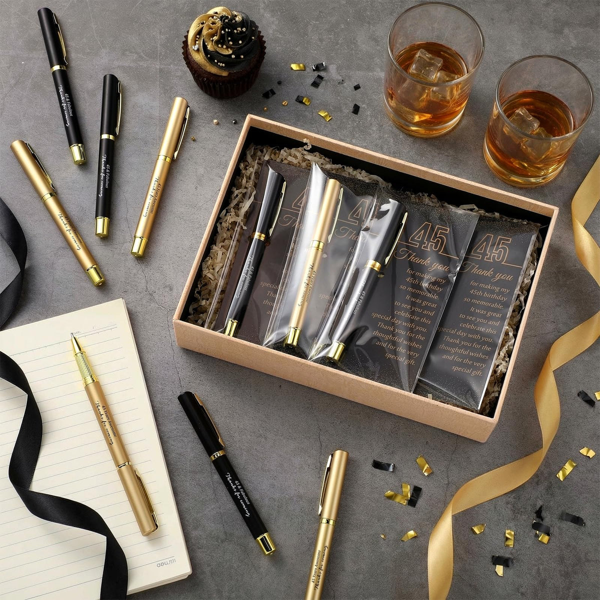 Feifeiya 50 Set 45th Birthday Favors with Black Gold Pens Cards