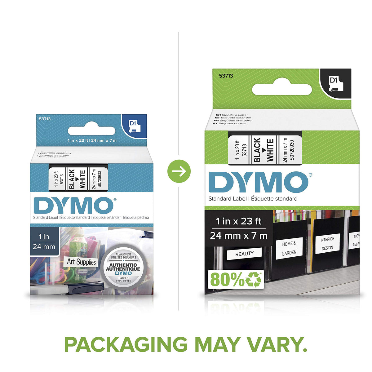 DYMO Authentic Standard D1 53713 Labeling Tape (Black Print on White Tape, 1'' W x 23' L, 1