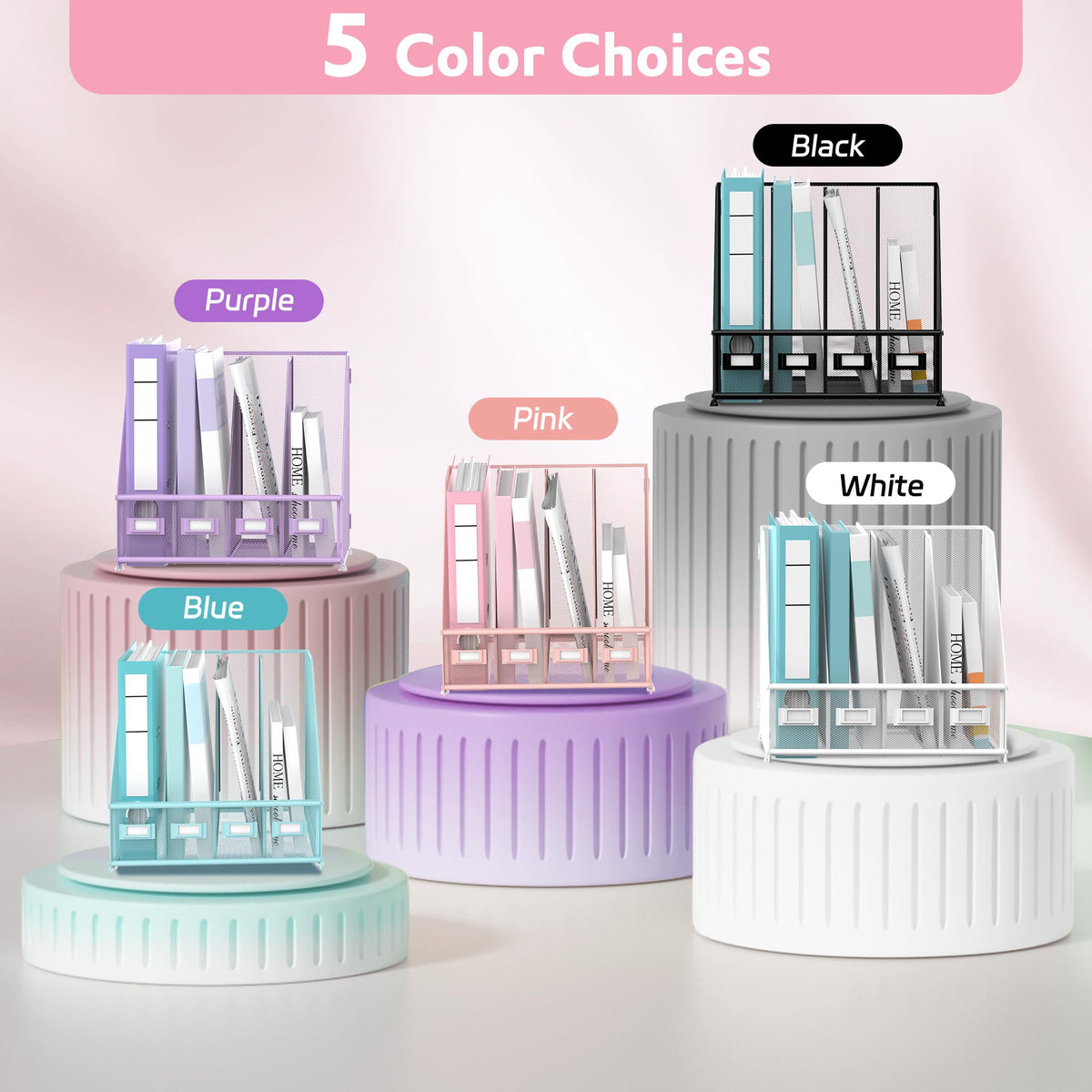 4-Compartment Magazine File Holder and File Organizer for Desk, Pink