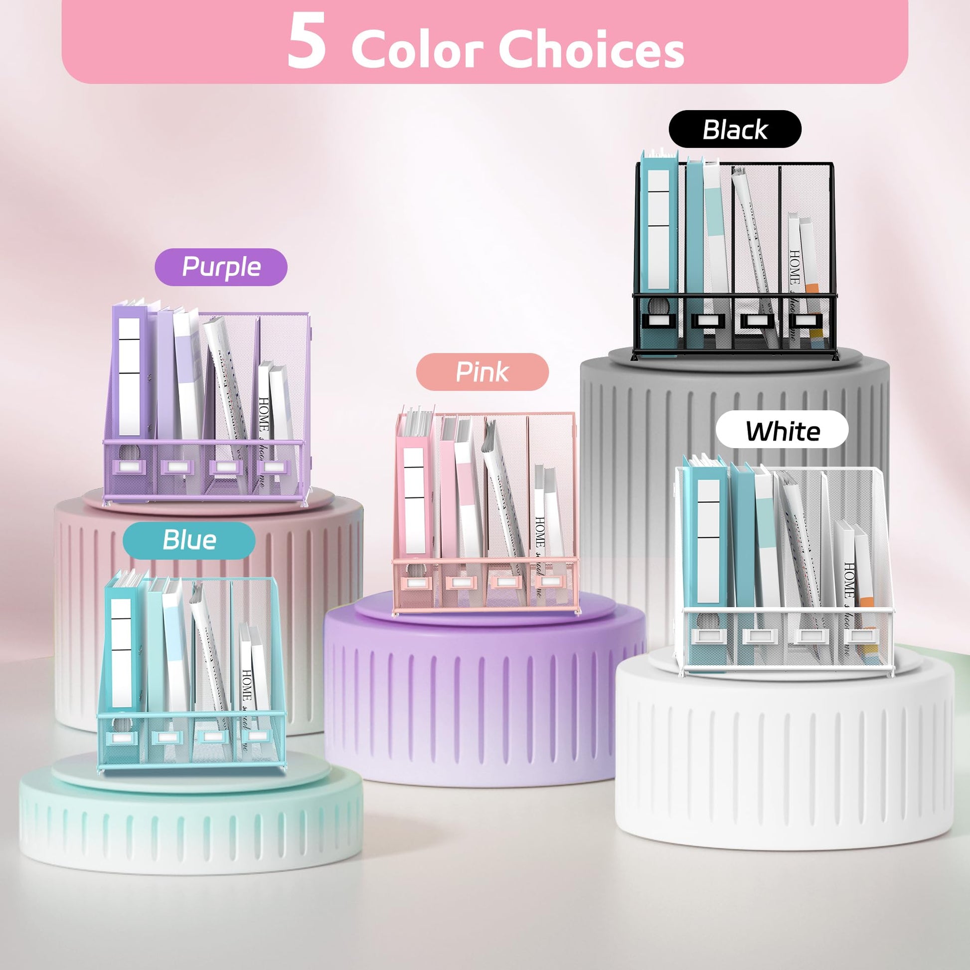 4-Compartment Magazine File Holder and File Organizer for Desk, Pink