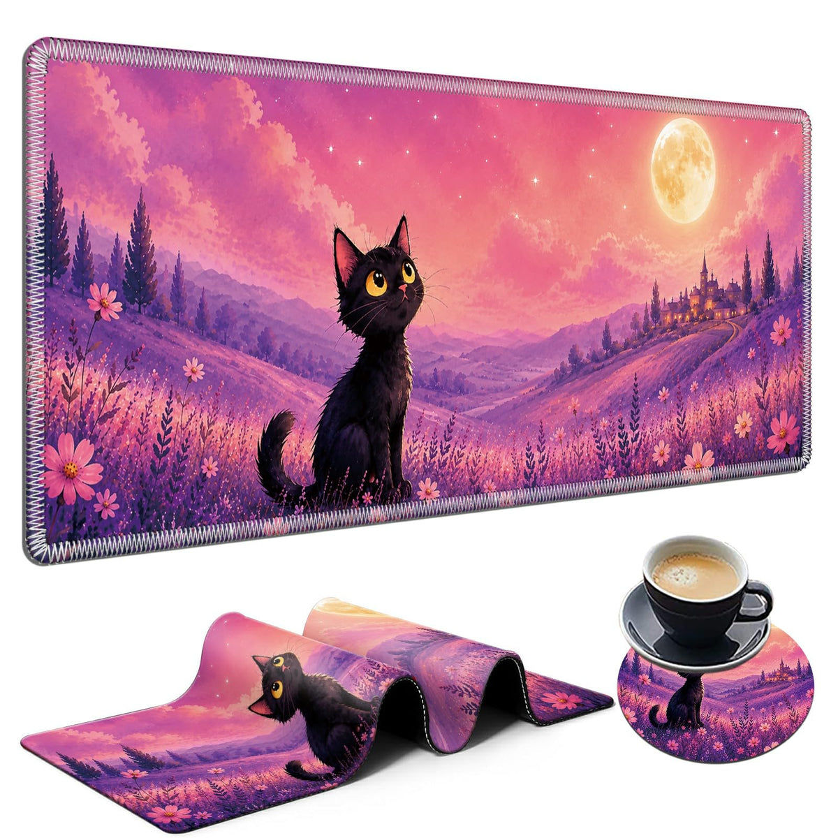 Moonlit Black Cat Large Mouse Pad, 31.5 x 11.8 in Extended Desk Mat