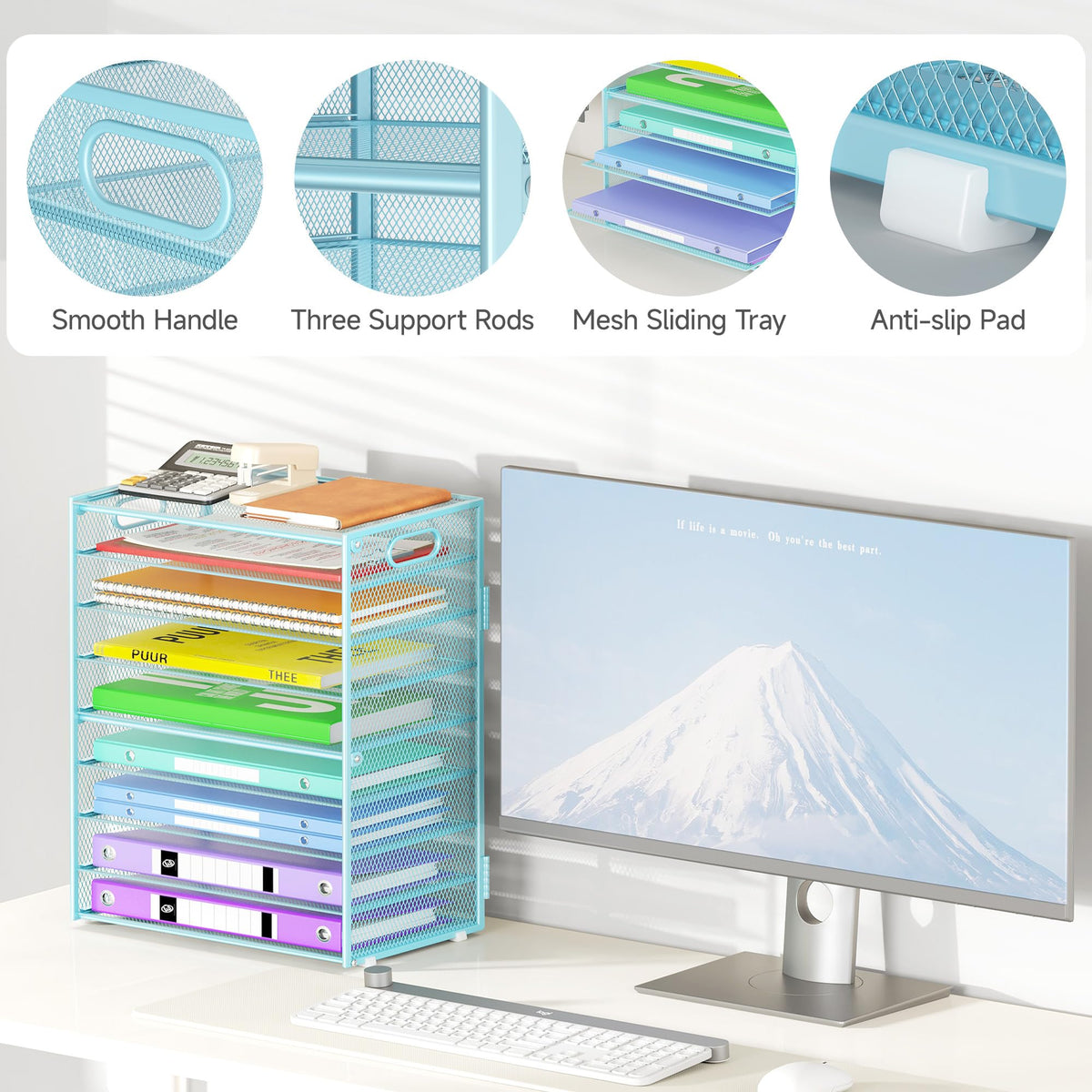 Cawukege 9 Tier Paper Organizer with Handle, Large Capacity Desk Organizer Mesh File Folder Letter