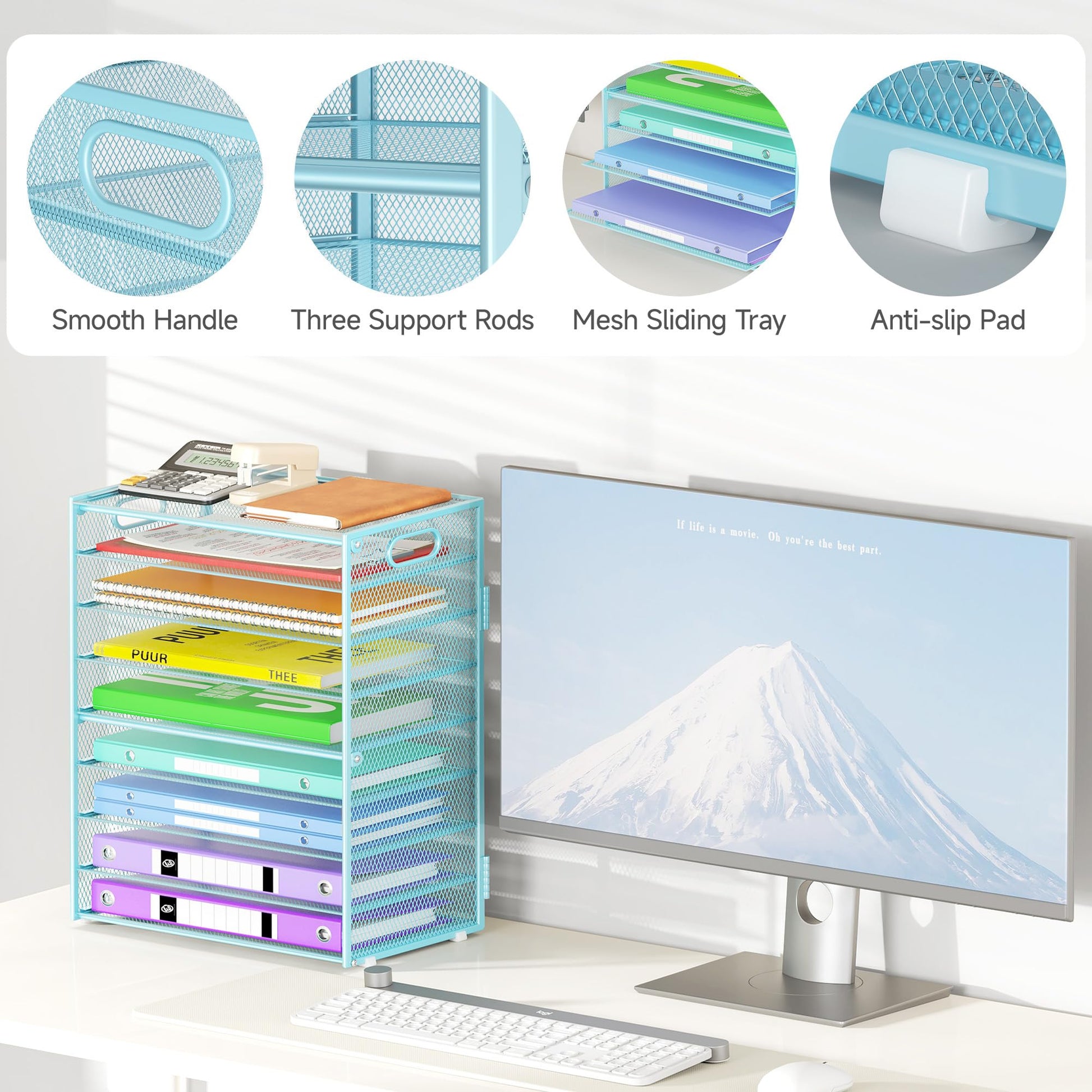 Cawukege 9 Tier Paper Organizer with Handle, Large Capacity Desk Organizer Mesh File Folder Letter